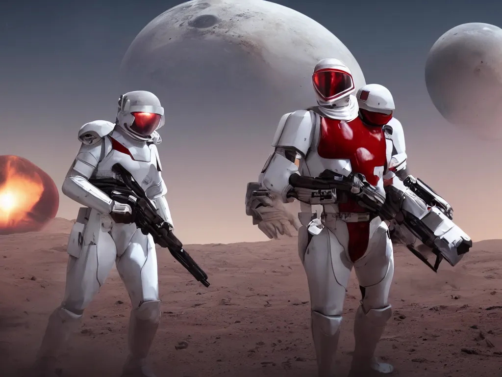 Image similar to gigachad space trooper in glossy sleek white armor with small red details, no helmet, red cape, heroic posture, firing laser rifle, on the surface of mars, explosions in the background, night time, dramatic lighting, cinematic, sci-fi, hyperrealistic, movie still