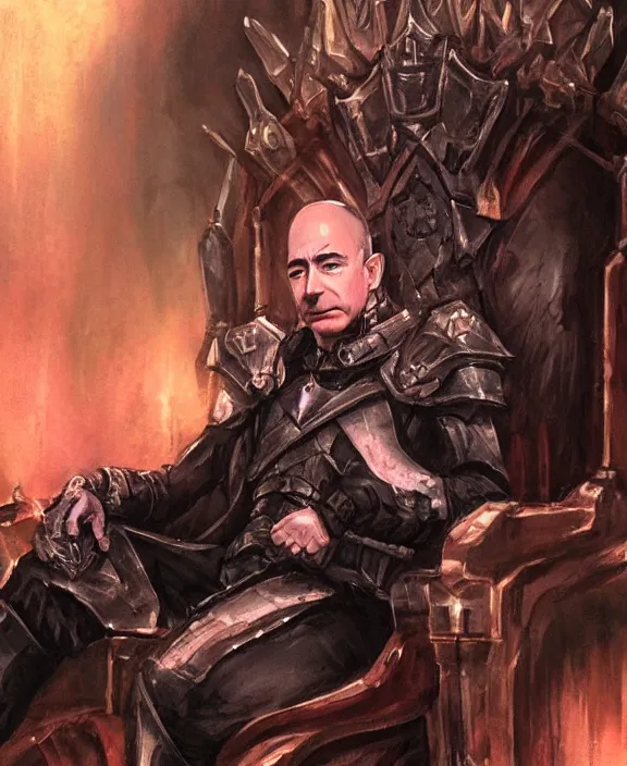 Image similar to a grimdark fantasy concept art portrait of jeff bezos sitting on a dark and evil throne