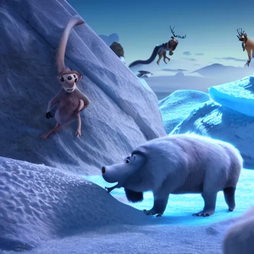 Image similar to a high resolution render symetric of ice age 4 movie trailer scene sid, octane render blender 8 k isometric