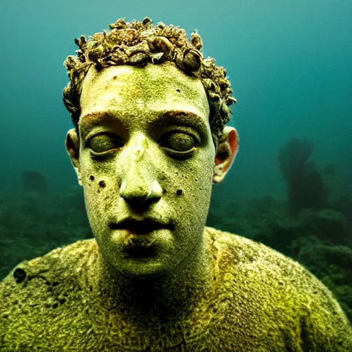 Image similar to Award-winning photograph by Mar Mann. The photo depicts a decaying roman bust of Mark Zuckerberg overgrown with moss at the bottom of the sea in the middle of ruins of civilization. Minimalism, high definition, perfect composition. Deep sea picture. Very dark. Volumetric Lighting. Fish. Darkness. Ruins