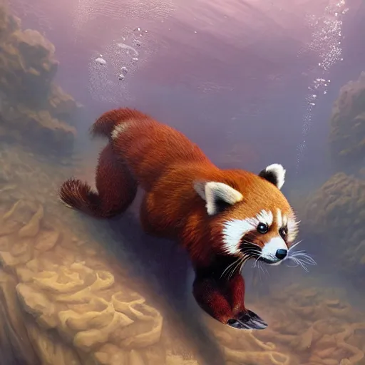 Image similar to commissioned portrait of a furry anthro female red panda scuba diving underwater, painted todd lockwood, jeff easley, greg rutkowski, james gurney, artgerm, digital art, trending on artstation