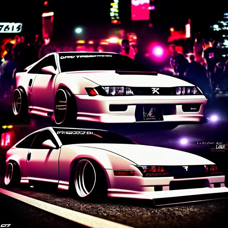 Image similar to a car 300ZX twin turbo drift at illegal car meet, Shibuya prefecture, city midnight mist lights, cinematic lighting, photorealistic, highly detailed wheels, high detail