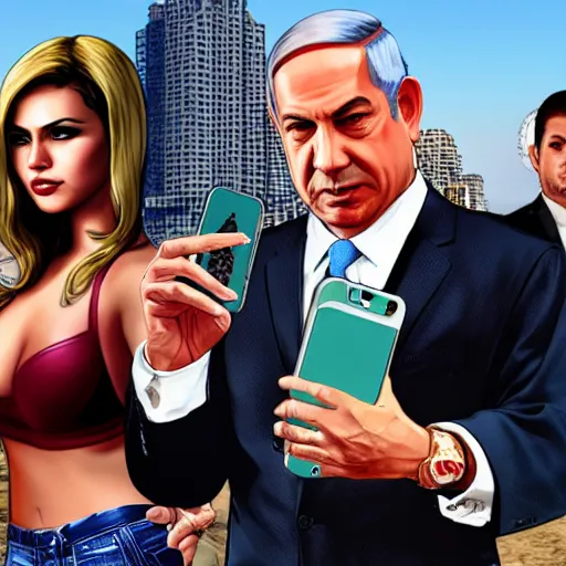 Image similar to GTA V loading screen depicting Benjamin Netanyahu holding a phone and doing a peace sign, hot babes in the background, highly detailed