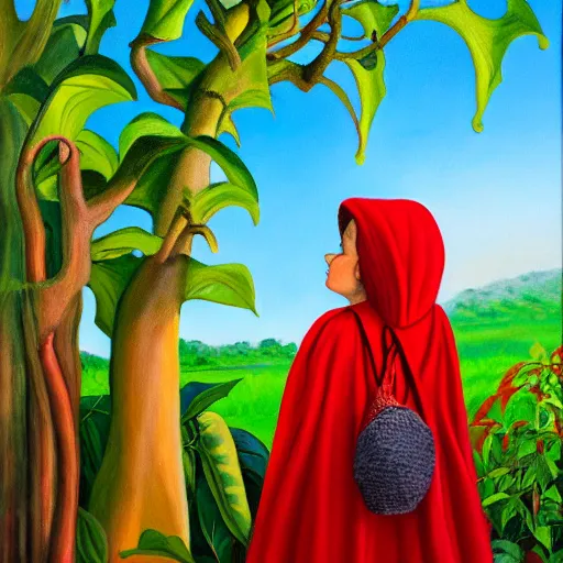 Image similar to oil painting of little red riding hood gazing up at brugmansia suaveolens flowers