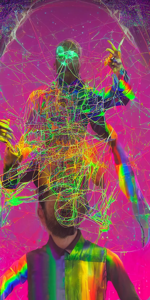 Image similar to man becomes controlled by a smartphone he gazes at while he played like a marionette, puppet, intricate complexity, horror, psychedelic glitch art, rainbow drip paint, trending on art station, photoreal, 8k, octane render