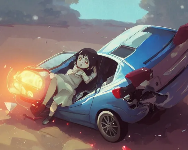 Image similar to a brunnete girl with blue eyes and puffy cheeks lying in a car accident, long shot from the top, anime art, Greg Rutkowski, studio ghibli, dramatic lighting