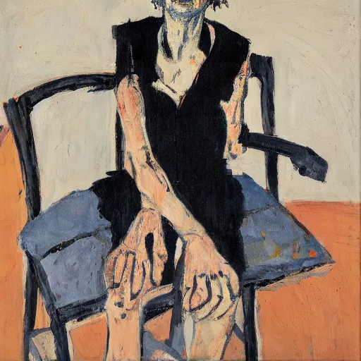 Image similar to painting of a woman sitting on a chair, staring at you, by georg baselitz