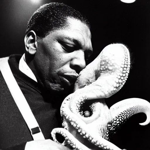 Prompt: john coltrane hugging and kissing an octopus