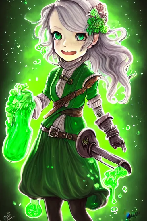 Prompt: a portrait of girl farmer wearing green dress, magic potion, silver magic, fantasy, dungeons and dragons, an ultrafine detailed painting, chibi, detailed painting, boris valejo. octopath traveler decal!!!