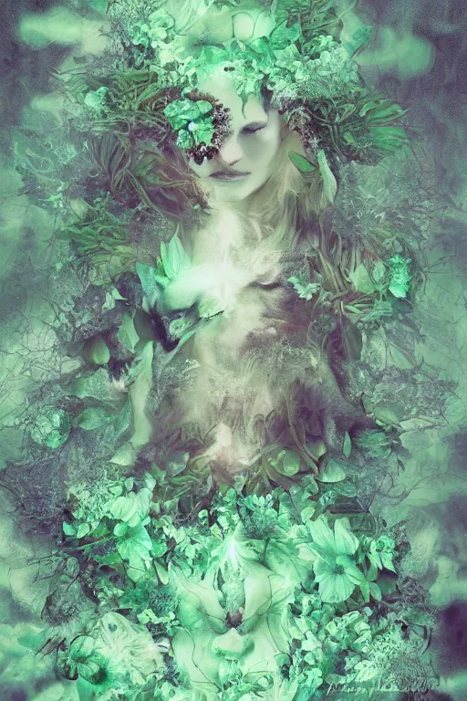 Prompt: vines and flowers forming a figure of a wolf in a bioluminescent forest by malgorzata mice and alberto seveso, beautiful, ethereal, 3 d