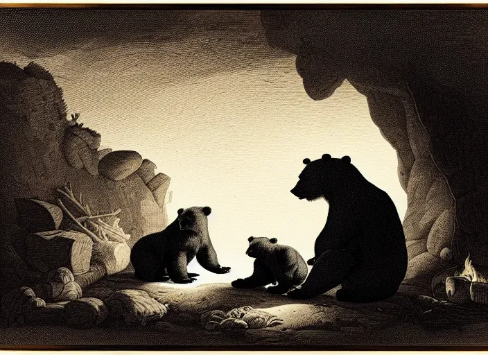 Image similar to Pieter Claesz's 'a bear and her cub sleeping in a dark cave, lit by campfire', night time, cross hatching, backlit, beautiful wooden frame, monochrome, colours of the sunset