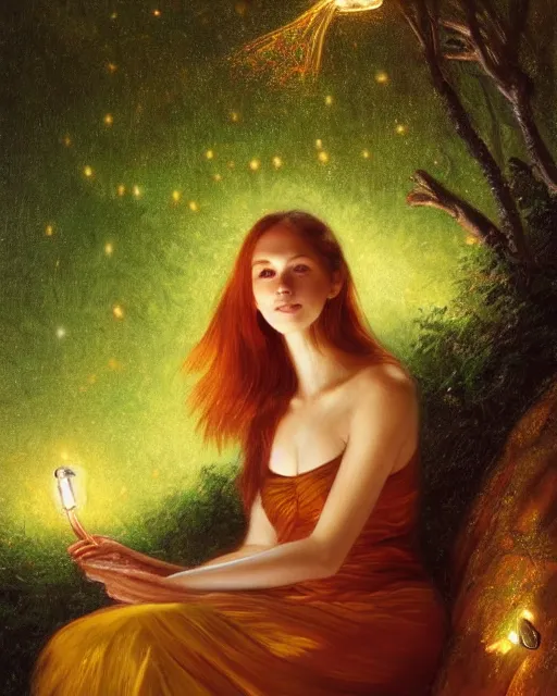 Image similar to a young woman, admiring the lights of golden fireflies, sitting in the midst of nature fully covered with a wonderful dress, long loose red hair, intricate details, green eyes, small nose with freckles, oval shape face, soft happy smile, realistic, expressive emotions, hyper realistic highly detailed art by albert bierstadt and artgerm