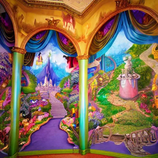 Image similar to a mural wall art design of a storybook fantasyland