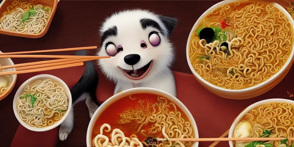 Prompt: A happy dog holding chopsticks and eating a bowl of ramen, hyper realistic, insane detail, Pixar