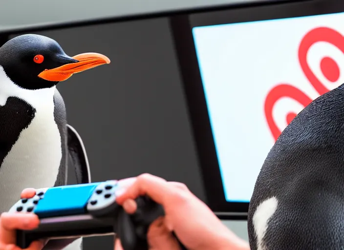 Image similar to photo still of a penguin playing a nintendo switch, 8 k, studio lighting bright ambient lighting key light, 8 5 mm f 1. 8