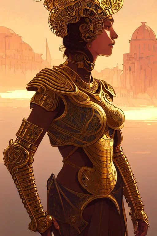 Prompt: portrait knights of zodiac girl, golden and copper armor, in ruined agora of athens sunrise, ssci - fi and fantasy, intricate and very very beautiful and elegant, highly detailed, digital painting, artstation, concept art, smooth and sharp focus, illustration, art by tian zi and wlop and alphonse mucha and ilya kuvshinov