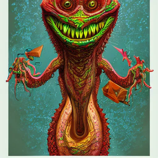 Prompt: cthullu, friendly, smiling, high detail, digital art by Dougal Dixon, trending on artstation, happy, colourful, centered, smooth