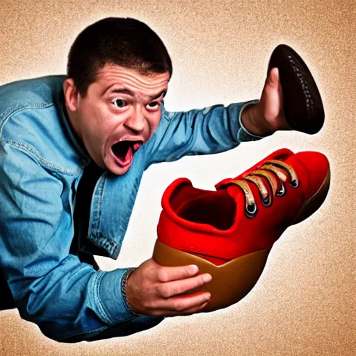 Image similar to photo of a tiny screaming man about to be squashed by a giant shoe