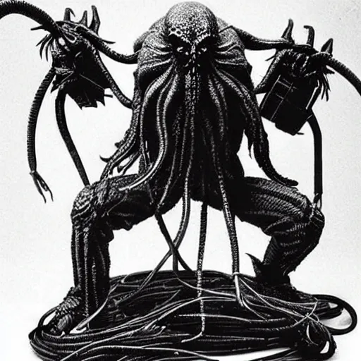 Image similar to cthulhu samurai, lots of cables and wiring. Photograph from blockbuster sci-fi film