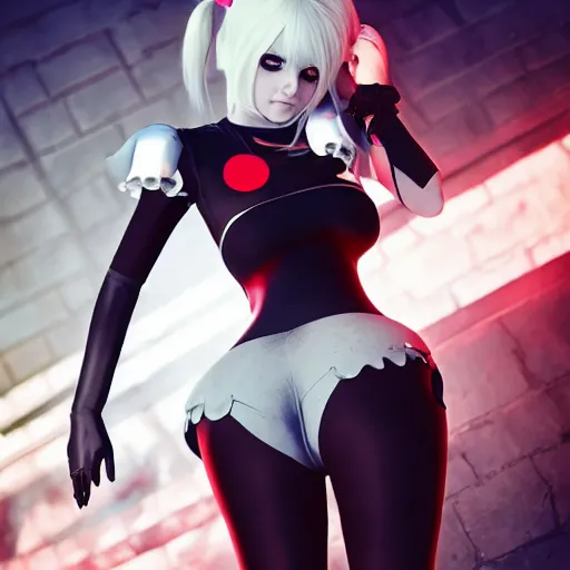 Image similar to portrait of 2B nier automata as harley quinn wearing skintight clothes from behind, trending on artstation, artstationHD, artstationHQ