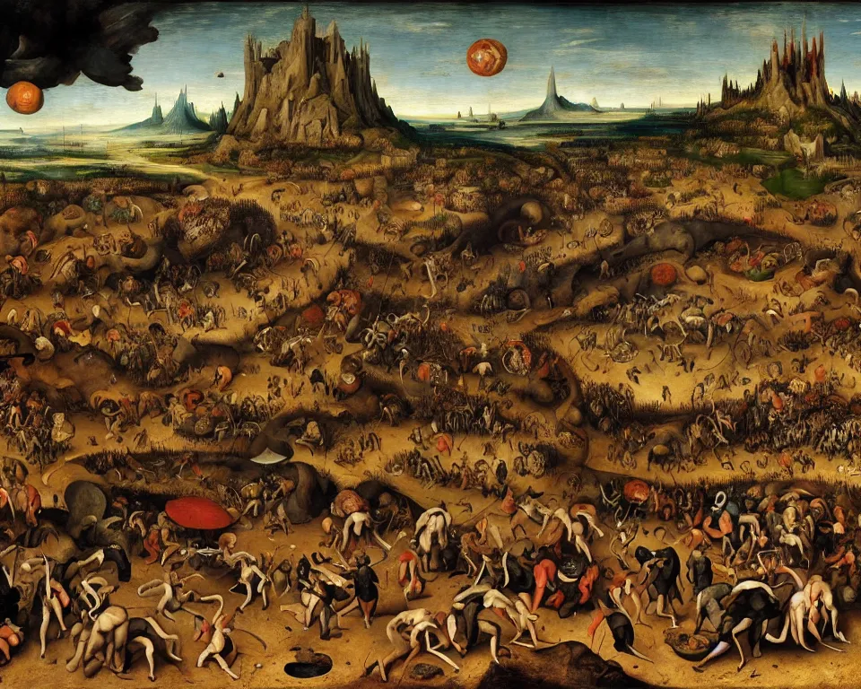 Image similar to doom eternal concept art by pieter brueghel, garden of eternal delights hell by hieronymus bosh, triumph of death by pieter brueghel