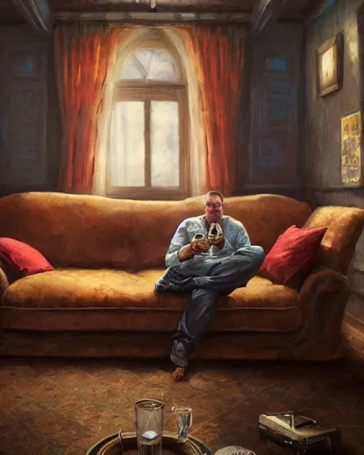 Prompt: hyper realistic oil painting of toad watching a movie chill on the couch and drink beer, long room, depth of field, vibrant colors, high contrast, by greg rutkowski, trending on artstation, caricaturist