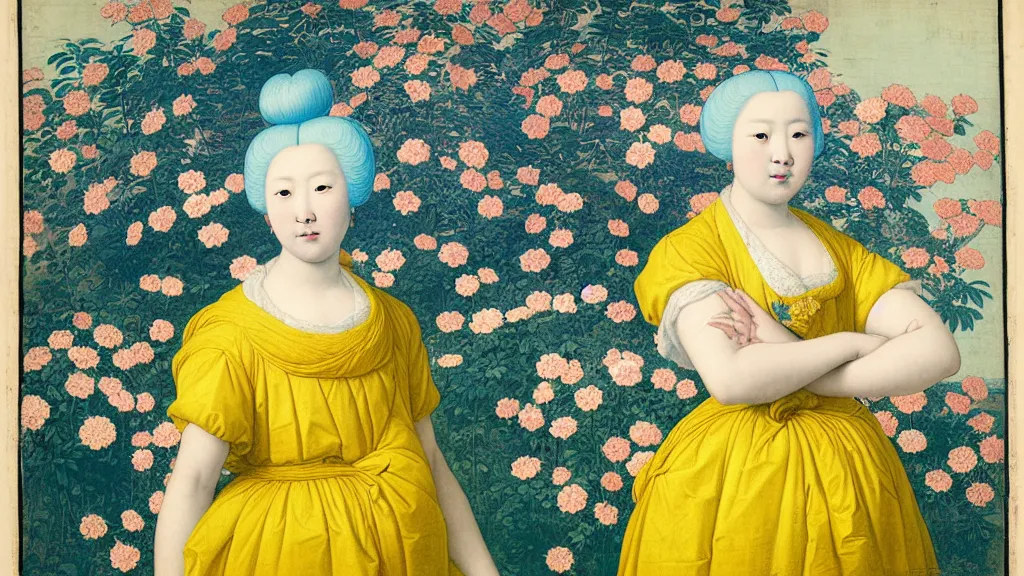 Prompt: portrait of an Asian woman with white and neon blue hair, wearing a yellow t-shirt, standing in a garden full of flowers, intricate details, high detail, in a renaissance style, super-flat, in the style of Jean Auguste Dominique Ingres, James Jean, punk