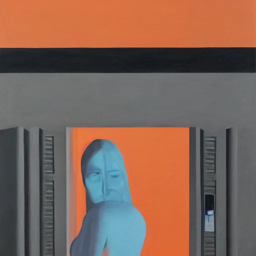 Prompt: detailed portrait of a beautiful woman, courtyard, capital, mosque interior, reflections, control panel, watcher, omniscient, covered walkway, obsidian, orange teal gray black, tech noire, few neon signs, surreal oil on canvas