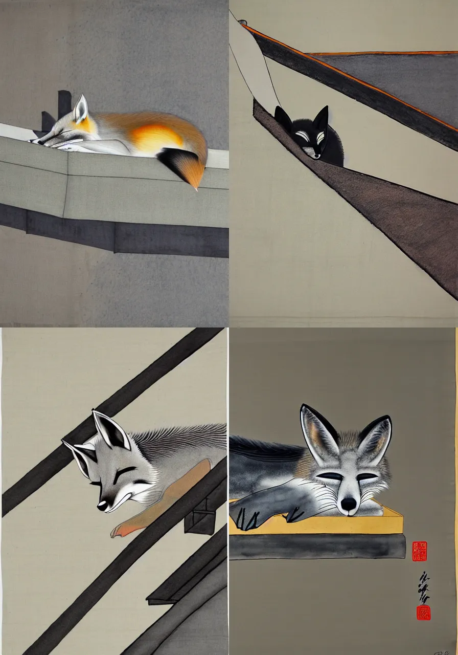 Prompt: grey fox sleeping on temple roof, by Shen Quan, hanging scroll on wall, ink and colour on silk, muted colours