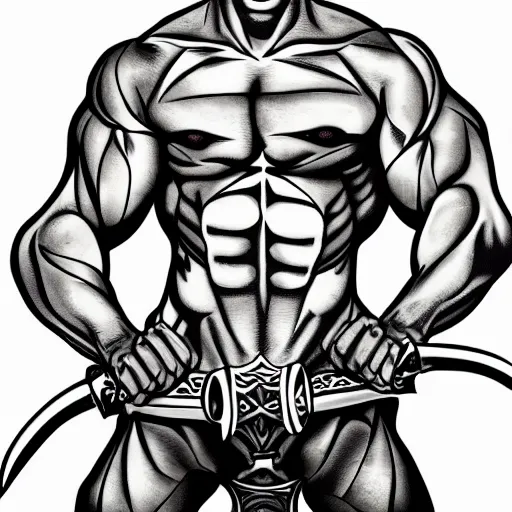 Image similar to muscular bald man, tattooed body, sword in hands, HD, anime style,