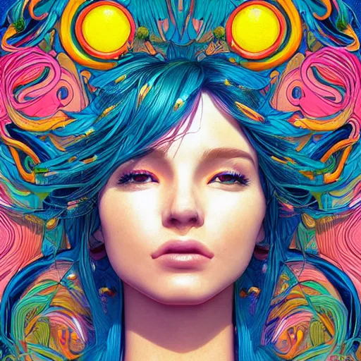 Image similar to the face of a ridiculously beautiful and pretty woman partially made of onion rings of all colors looking up, an ultrafine detailed illustration by james jean, final fantasy, intricate linework, bright colors, behance contest winner, vanitas, angular, altermodern, unreal engine 5 highly rendered, global illumination, radiant light, detailed and intricate environment