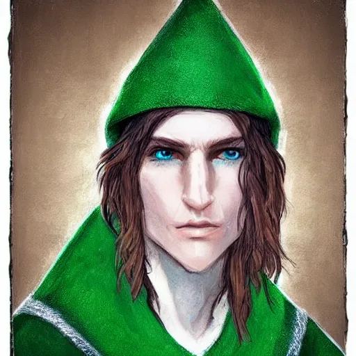 Prompt: “realistic portrait of an elf ranger wearing a green cloak, with long chestnut brown hair and iceblue eyes”