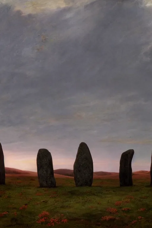 Prompt: circle of standing stones at dawn, dramatic cinematic lighting, rich colors, by William Dyce and ford madox brown and April Gornik and Caspar David Friedrich and Diego Rivera, featured on artstation