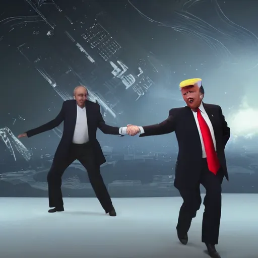 Prompt: Donald Trump and Vladimir Putin dancing to hip hop music by H.P. Lovecraft and abaddon and magali villeneuve and ghibli and moebius and Alphonse Mucha and Takashi Murakami, 8k, epic scene, scifi, unreal engine, trending on cg station. masterpiece.