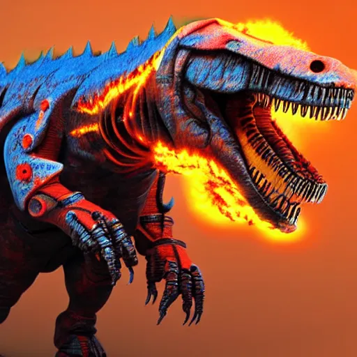 Prompt: t-rex mecha bursting flames, photorealistic, 3D
