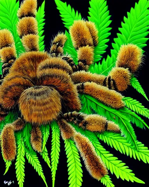 Image similar to Realistic Oil Painting of Cute green animated fuzzy tarantula made out of marijuana leaves thc strain