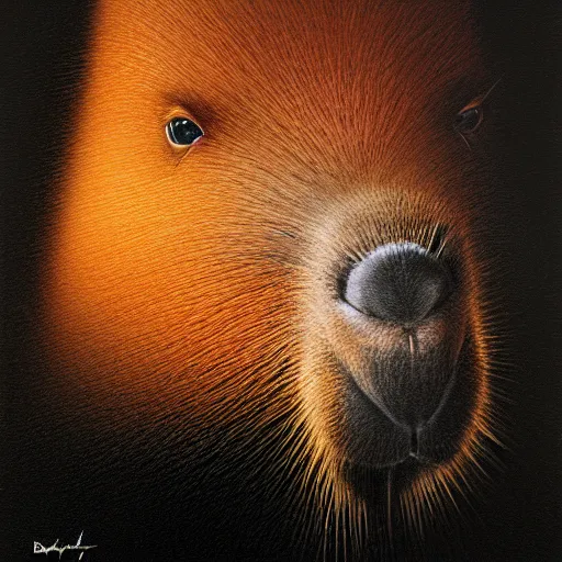 Prompt: a portrait of a capybara wearing a black hood, cloak covering face, anatomically correct, beautiful perfect face, enigmatic, oil painting, matte, black background, volumetric dynamic lighting, highly detailed, cinematic lighting, unreal engine, 8 k, hd, by beksinski