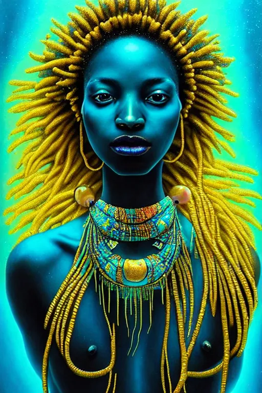 Image similar to hyperrealistic precisionist cinematic very expressive! bioluminescent african goddess, full body, underwater scene with fish and algae, gold jewerly, highly detailed face, digital art masterpiece, eric zener cam de leon, dramatic pearlescent turquoise light on one side, long shot, low angle uhd 8 k, sharp focus