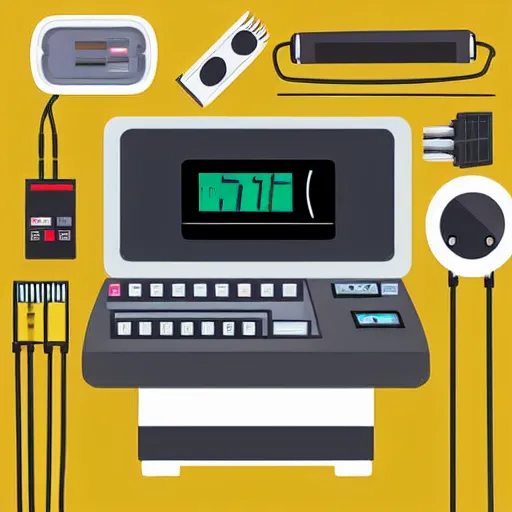 Prompt: cash register in front of a wall of electrical supplies and and food vector art