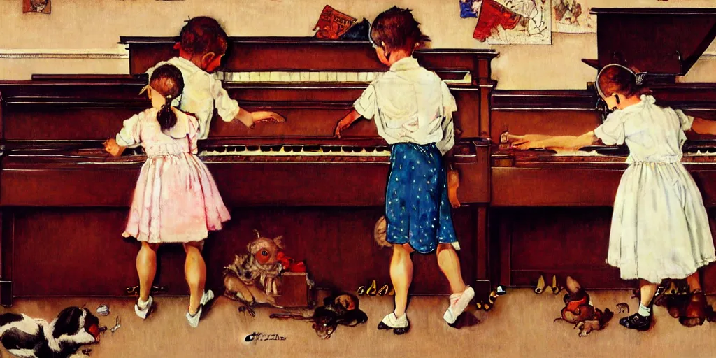 Prompt: Three children walk inside a piano by Norman Rockwell, hyper detailled, trending on artstation