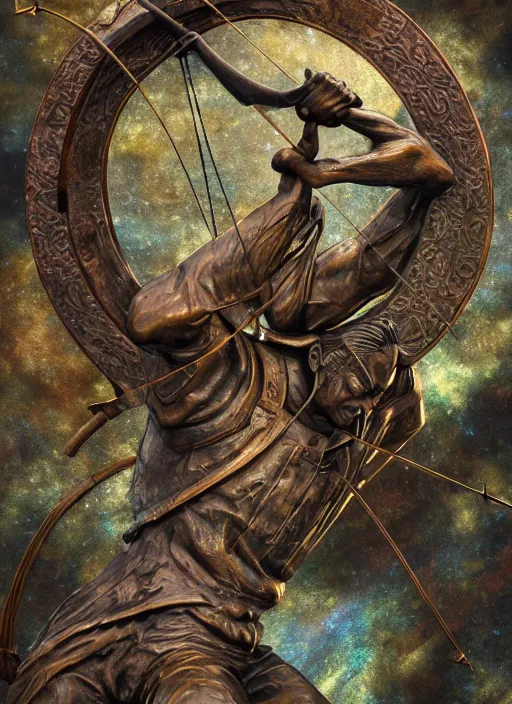 Prompt: An epic fantastic realism comic book style painting of a distressed bronze archery sculpture from the future by Stanislaw Szukalski, beautiful colorful flowers rain down, gilded marbled paper overlay, fisheye lens, unreal 5, DAZ, hyperrealistic, octane render, dynamic lighting