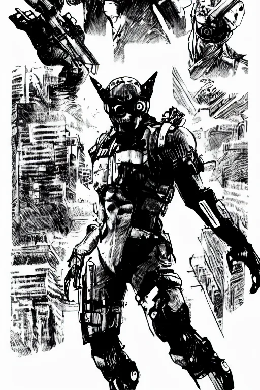 Image similar to gray fox from metal gear solid, a page from cyberpunk 2 0 2 0, style of paolo parente, style of mike jackson, adam smasher, johnny silverhand, 1 9 9 0 s comic book style, white background, ink drawing, black and white, colouring pages