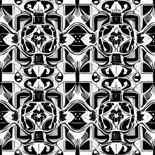 Prompt: a seamless pattern of headphones and dices, black white, in style of m.c. escher, geometric