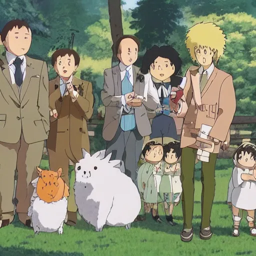 Image similar to STUDIO GHIBLI | an animal wedding at the farm, happy antropomorphic animals wearing wedding suits and robes, extended family, outside, mountain background, by Studio Ghibli, still picture, perfect movie shot, animation masterpiece, composition, framing, happy, hopeful, nostalgic