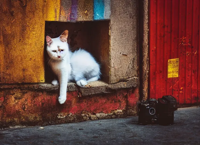 Image similar to photography of a Cat sitting on a box. in a cyberpunk street, award winning photo, saturated, colored, colors, 100mm, sharp, high res