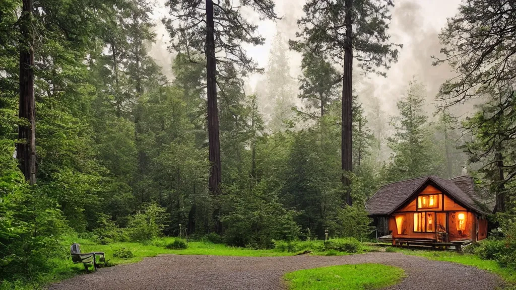 Image similar to small wooden cottage in the forest, chairs the porch, smoke coming out of the chimney, dusk, redwood trees, peaceful, river running past the cottage, a wooden rowing boat, galaxy in the night sky
