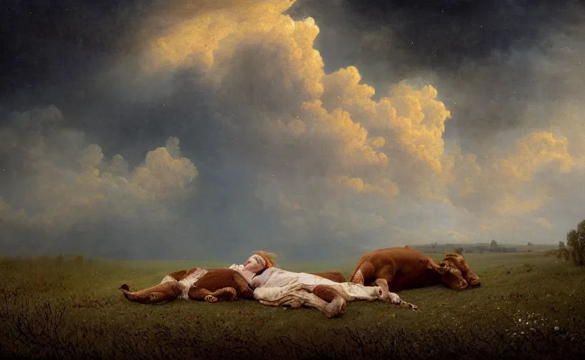 Image similar to a two headed brown calf ( ( laying down alone ) ) in a pasture, windy, stoic, modern, cgsociety, hyperdetailed, dramatic, stars, epic painting, shooting stars, painted by jean honore fragonard and greg rutkowski, full body, octane render, sharpness, 8 k, golden ratio