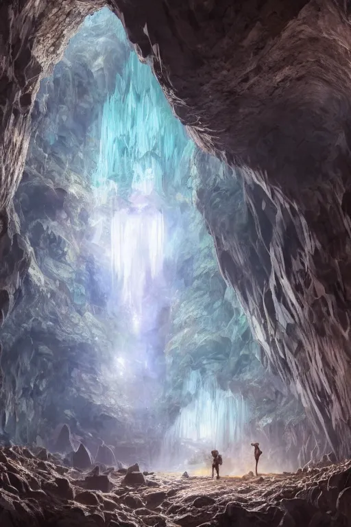 Image similar to beautiful crystal geode in a cavern, landscape, alex ross, eddie mendoza, raphael lacoste, sebastian ludke, concept art, matte painting, highly detailed, rule of thirds, dynamic lighting, cinematic, detailed, magnificiant landscape, denoised, centerd