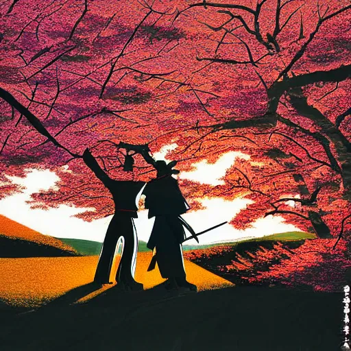 Image similar to samurai duel, both samurai have katana drawn, in a fighting pose, sunset in the background, cherry trees blossoming and Japanese maple trees, autumn, professional photograph