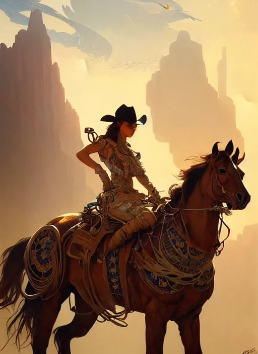 Image similar to cowboy dream, sci - fi, stunning, intricate, elegant. highly detailed, digital painting. artstation. smooth. sharp focus. illustration. art by artgerm and greg rutkowski and alphonse mucha